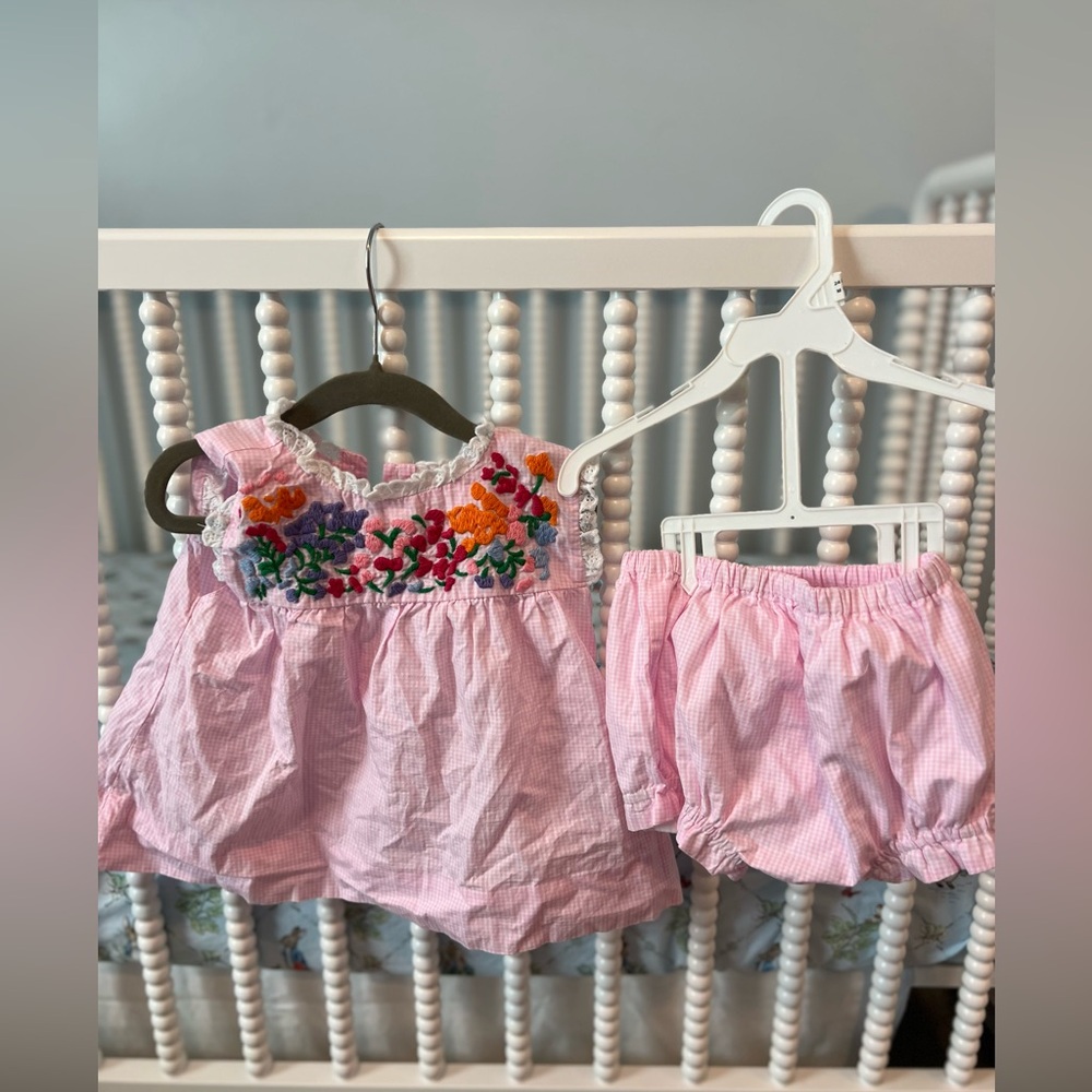 Pink Embroidered Smocked Baby Set - Floral Top & Bloomers